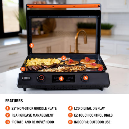 Blackstone 22-Inch Electric Griddle - 1600W Non Stick Ceramic Titanium Coated Stainless Steel Tabletop Griddle with EZ-Touch Control Dial, LCD Display, Patented Rotate & Remove Glass Hood - 8001 - CookCave