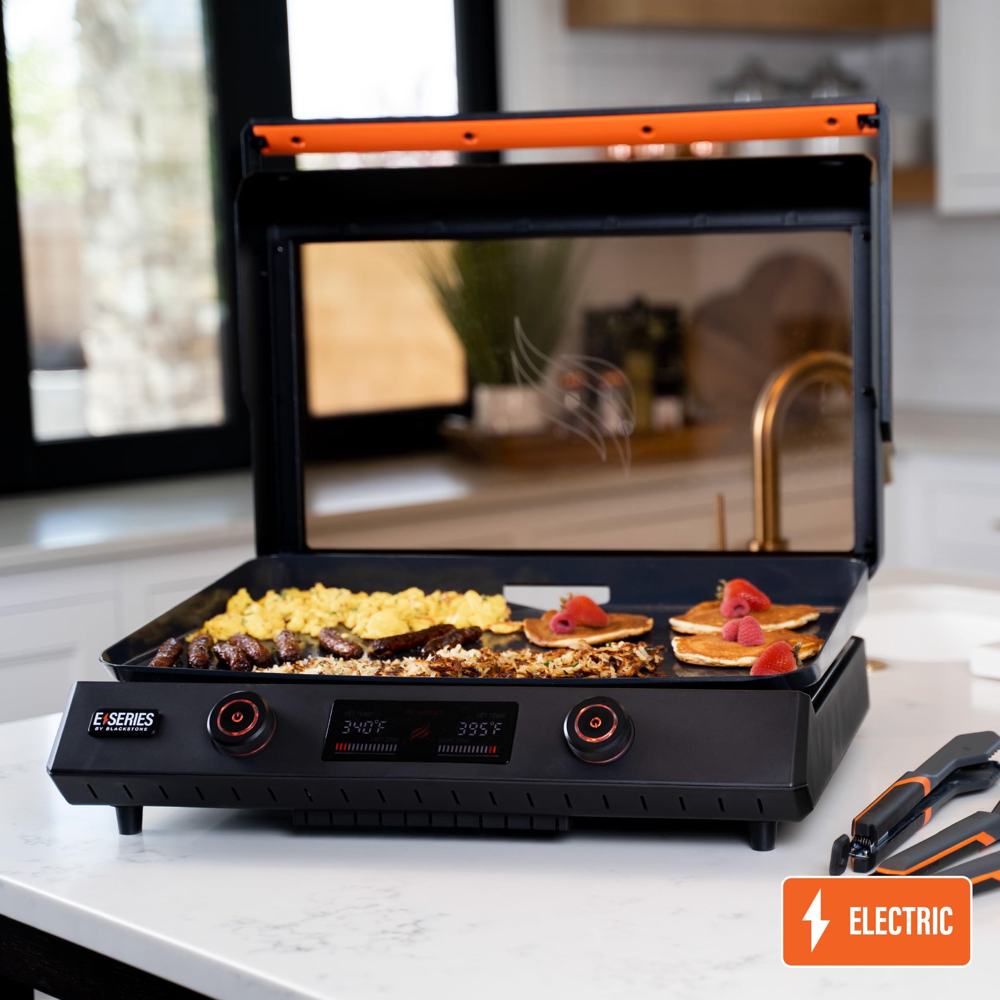 Blackstone 22-Inch Electric Griddle - 1600W Non Stick Ceramic Titanium Coated Stainless Steel Tabletop Griddle with EZ-Touch Control Dial, LCD Display, Patented Rotate & Remove Glass Hood - 8001 - CookCave