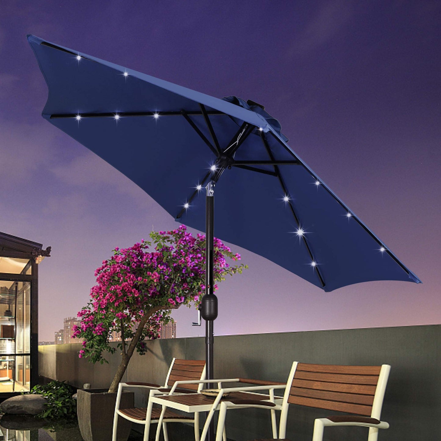 Blissun 7.5 ft Solar Umbrella 18 LED Lighted Patio Umbrella Table Market Umbrella with Tilt and Crank Outdoor Umbrella for Garden, Deck, Backyard, Pool and Beach (Navy Blue) - CookCave