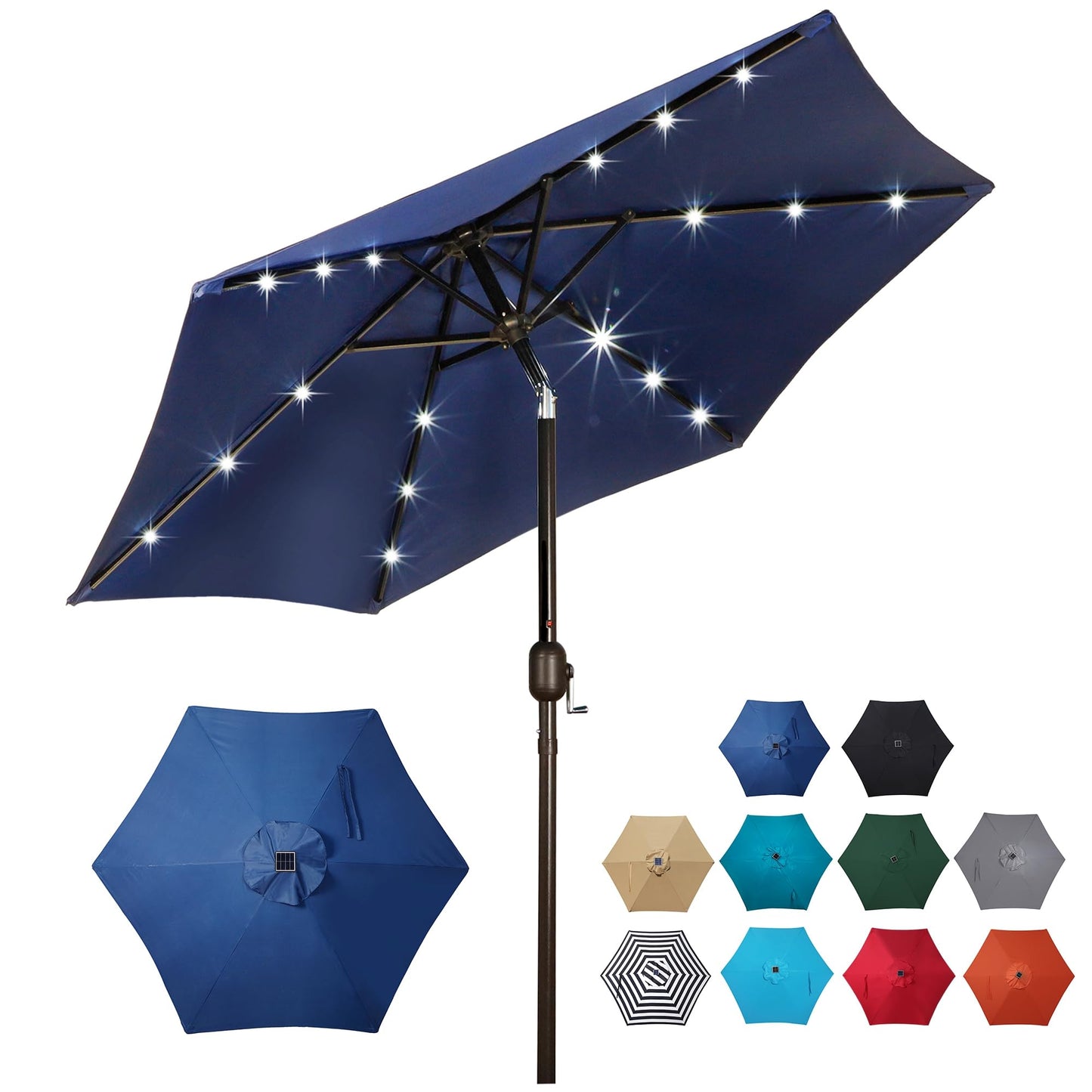 Blissun 7.5 ft Solar Umbrella 18 LED Lighted Patio Umbrella Table Market Umbrella with Tilt and Crank Outdoor Umbrella for Garden, Deck, Backyard, Pool and Beach (Navy Blue) - CookCave