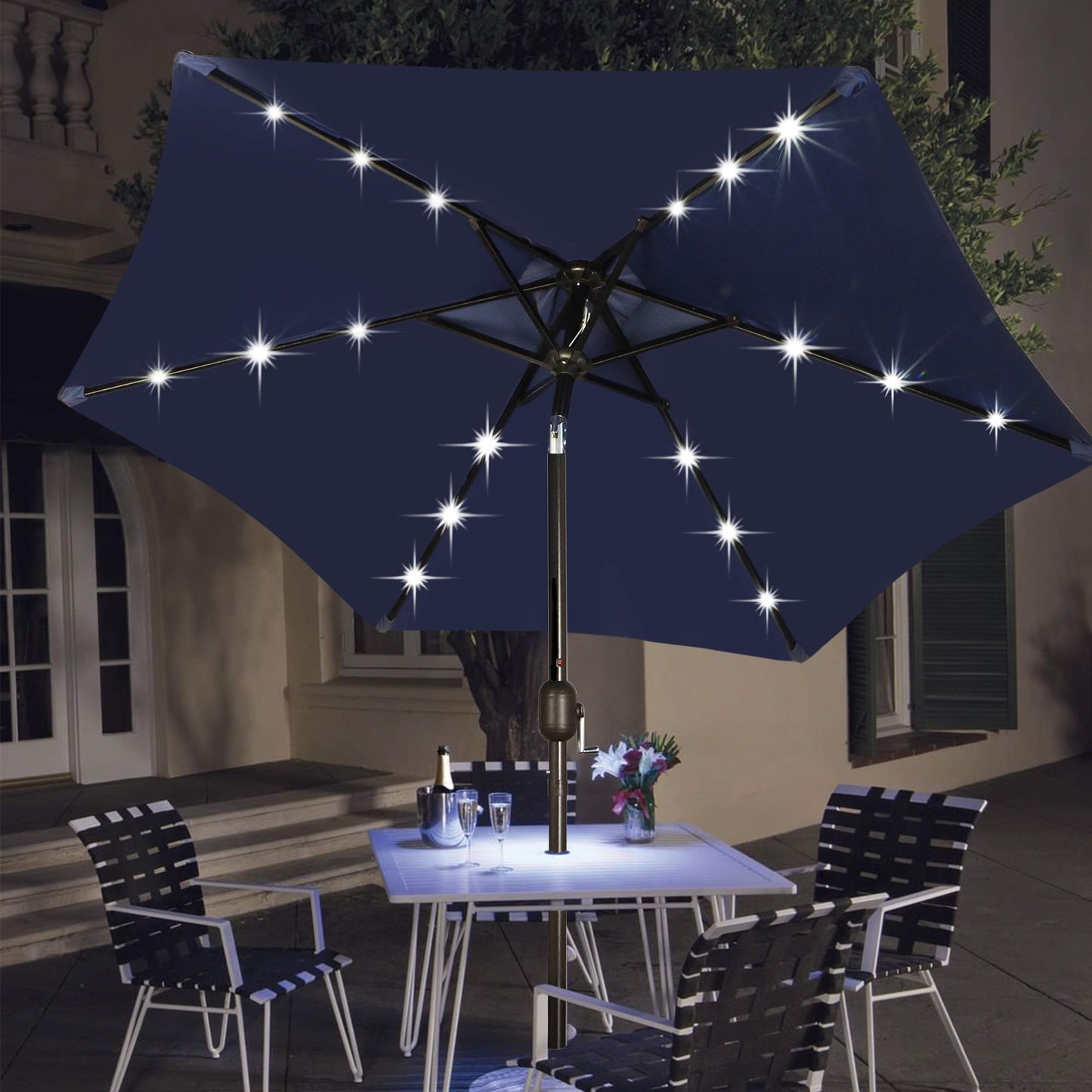 Blissun 7.5 ft Solar Umbrella 18 LED Lighted Patio Umbrella Table Market Umbrella with Tilt and Crank Outdoor Umbrella for Garden, Deck, Backyard, Pool and Beach (Navy Blue) - CookCave