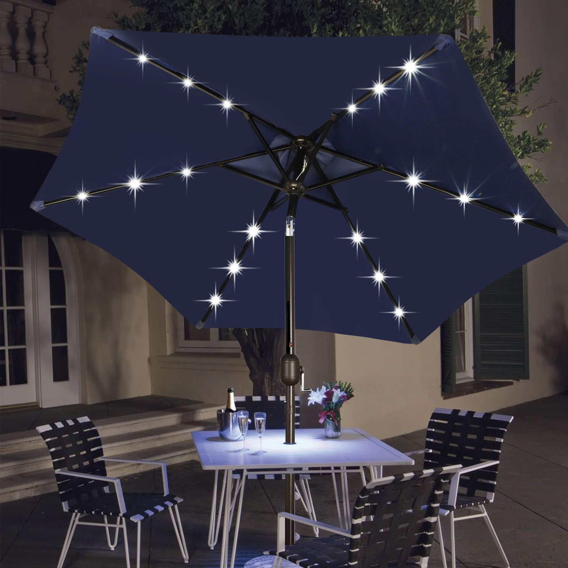 Blissun 7.5 ft Solar Umbrella 18 LED Lighted Patio Umbrella Table Market Umbrella with Tilt and Crank Outdoor Umbrella for Garden, Deck, Backyard, Pool and Beach (Navy Blue) - CookCave