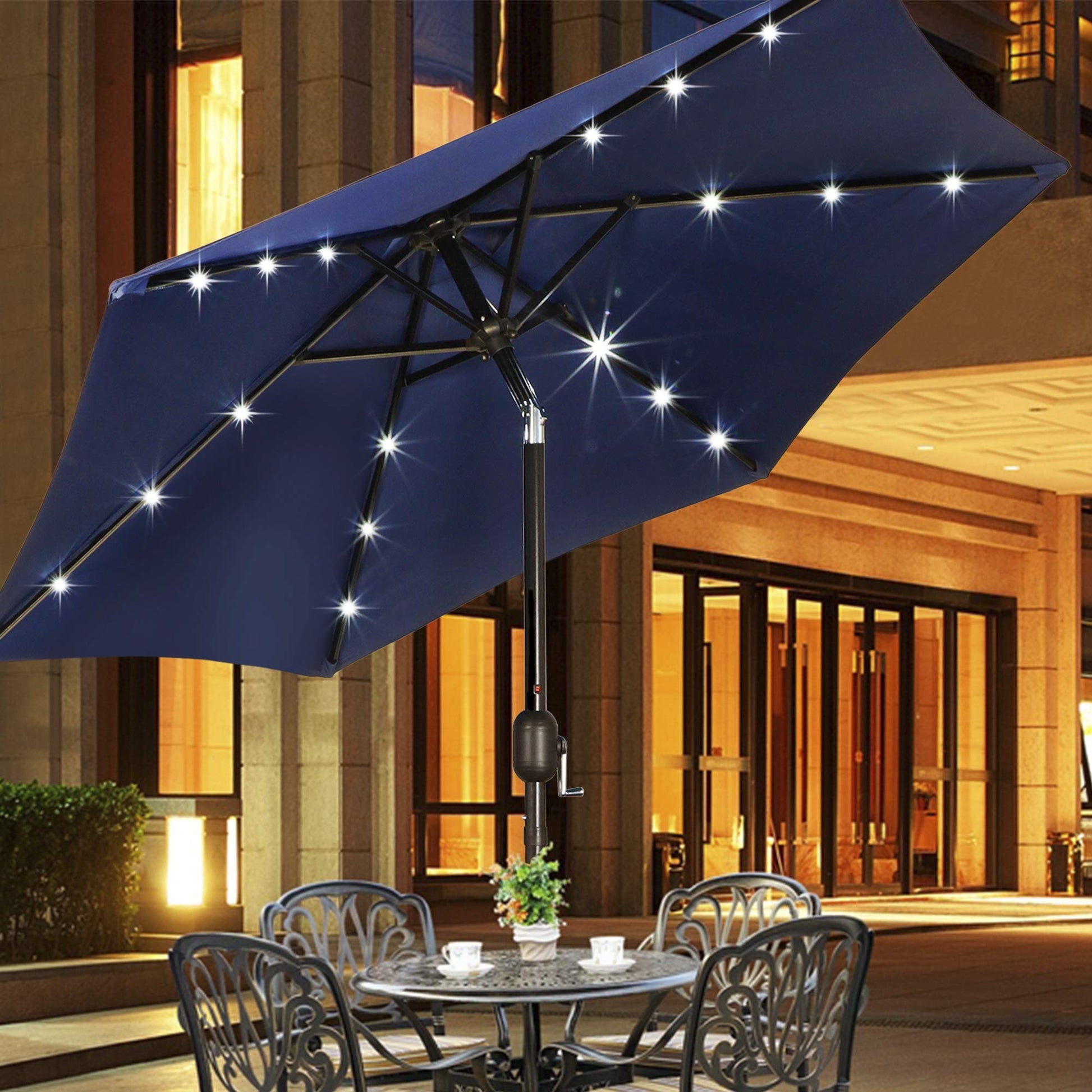 Blissun 7.5 ft Solar Umbrella 18 LED Lighted Patio Umbrella Table Market Umbrella with Tilt and Crank Outdoor Umbrella for Garden, Deck, Backyard, Pool and Beach (Navy Blue) - CookCave