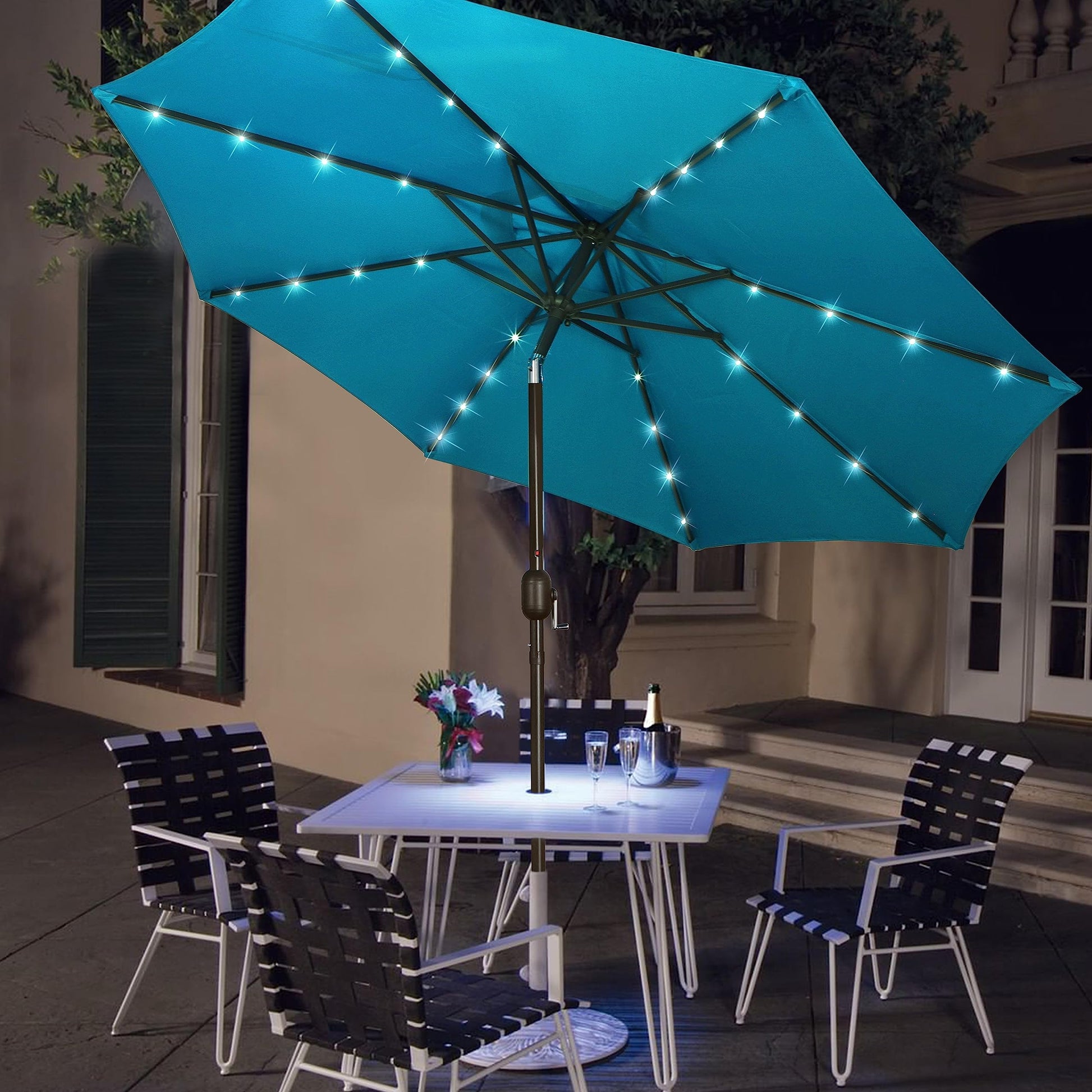 Blissun 9 ft Solar Umbrella 32 LED Lighted Patio Umbrella Table Market Umbrella with Tilt and Crank Outdoor Umbrella for Garden, Deck, Backyard, Pool and Beach (Cerulean) - CookCave