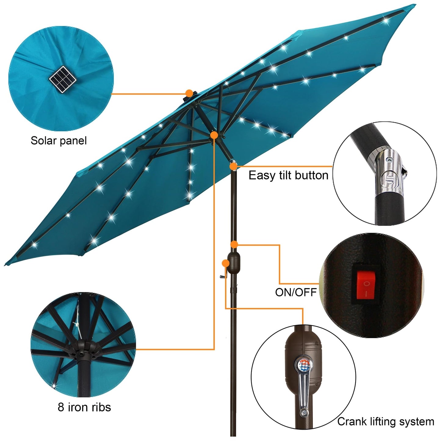 Blissun 9 ft Solar Umbrella 32 LED Lighted Patio Umbrella Table Market Umbrella with Tilt and Crank Outdoor Umbrella for Garden, Deck, Backyard, Pool and Beach (Cerulean) - CookCave