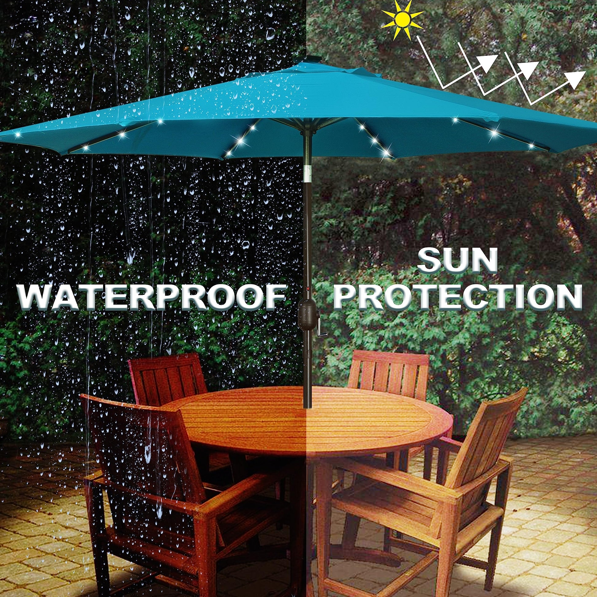 Blissun 9 ft Solar Umbrella 32 LED Lighted Patio Umbrella Table Market Umbrella with Tilt and Crank Outdoor Umbrella for Garden, Deck, Backyard, Pool and Beach (Cerulean) - CookCave