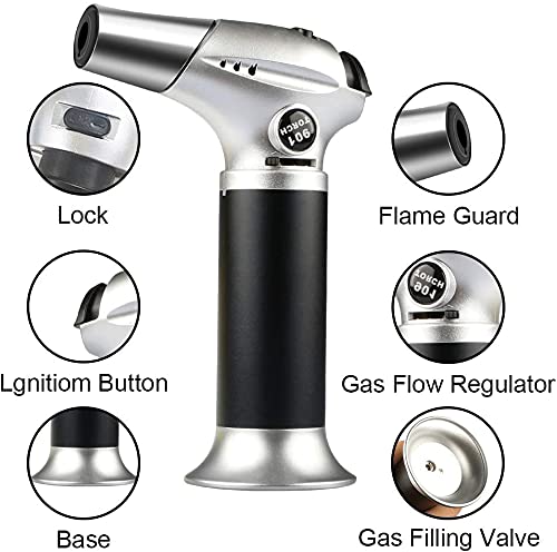 Blow Torch, Professional Kitchen Cooking Torch with Lock Adjustable Flame Refillable Mini Blow Torch Lighter for BBQ, Baking, Brulee Creme, Crafts and Soldering (Butane Gas Excluded) - CookCave