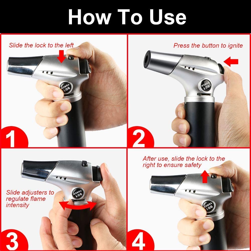 Blow Torch, Professional Kitchen Cooking Torch with Lock Adjustable Flame Refillable Mini Blow Torch Lighter for BBQ, Baking, Brulee Creme, Crafts and Soldering (Butane Gas Excluded) - CookCave