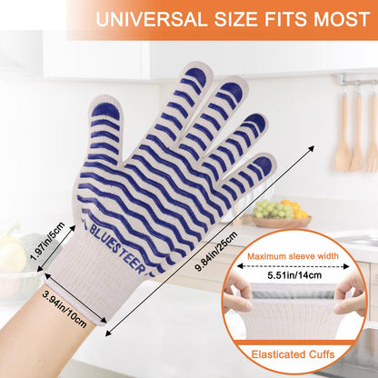 BLUESTEER Oven Gloves 932°F Heat Resistant Gloves Oven Mitts with Fingers Grill Gloves Heat Proof BBQ Gloves Silicone Grip Fireproof Gloves for Kitchen Cooking Grilling Baking - CookCave