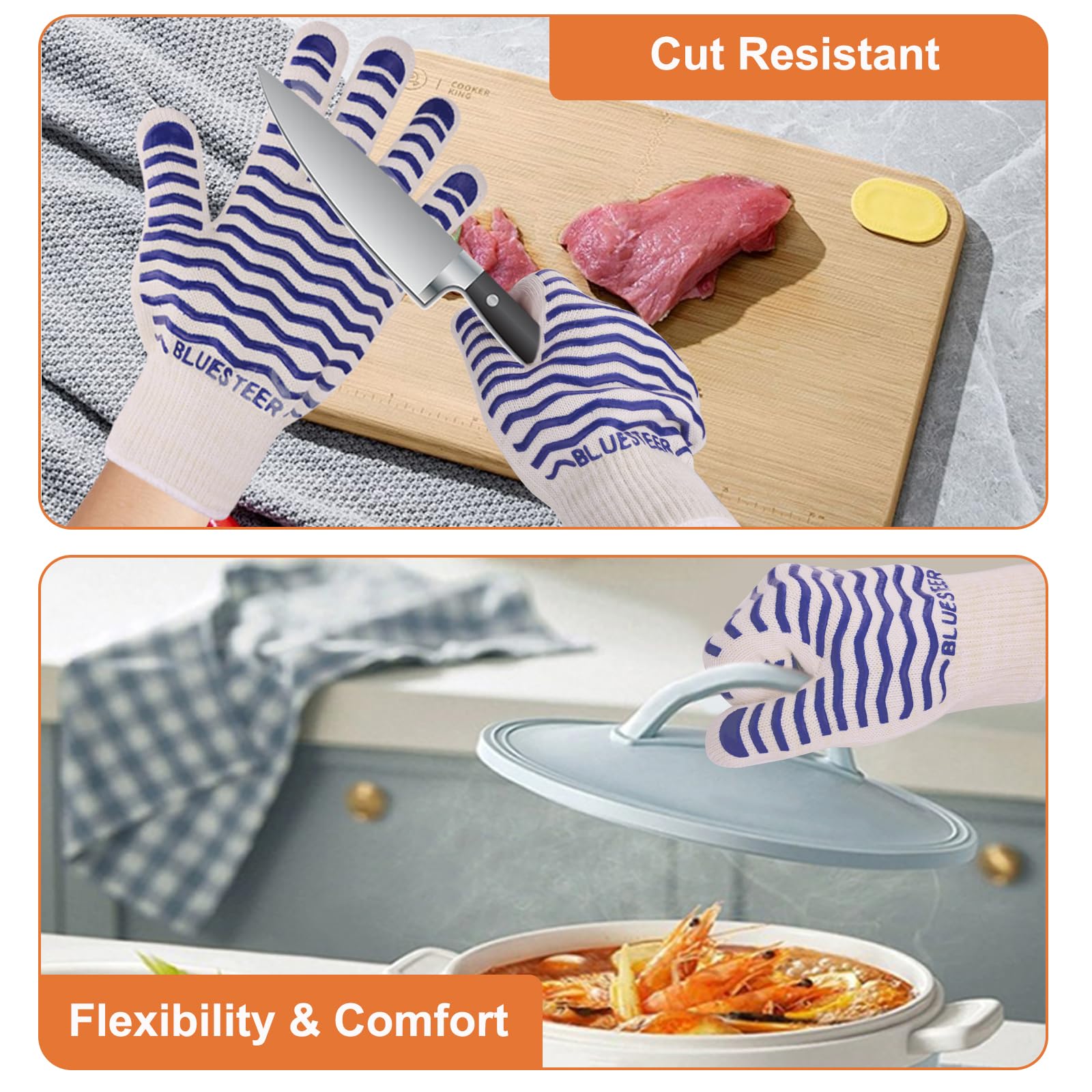 BLUESTEER Oven Gloves 932°F Heat Resistant Gloves Oven Mitts with Fingers Grill Gloves Heat Proof BBQ Gloves Silicone Grip Fireproof Gloves for Kitchen Cooking Grilling Baking - CookCave