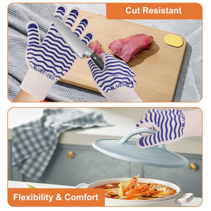 BLUESTEER Oven Gloves 932°F Heat Resistant Gloves Oven Mitts with Fingers Grill Gloves Heat Proof BBQ Gloves Silicone Grip Fireproof Gloves for Kitchen Cooking Grilling Baking - CookCave