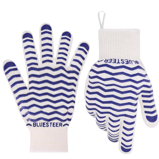 BLUESTEER Oven Gloves 932°F Heat Resistant Gloves Oven Mitts with Fingers Grill Gloves Heat Proof BBQ Gloves Silicone Grip Fireproof Gloves for Kitchen Cooking Grilling Baking - CookCave