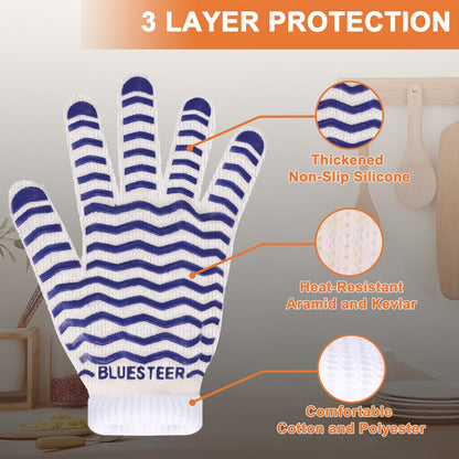 BLUESTEER Oven Gloves 932°F Heat Resistant Gloves Oven Mitts with Fingers Grill Gloves Heat Proof BBQ Gloves Silicone Grip Fireproof Gloves for Kitchen Cooking Grilling Baking - CookCave