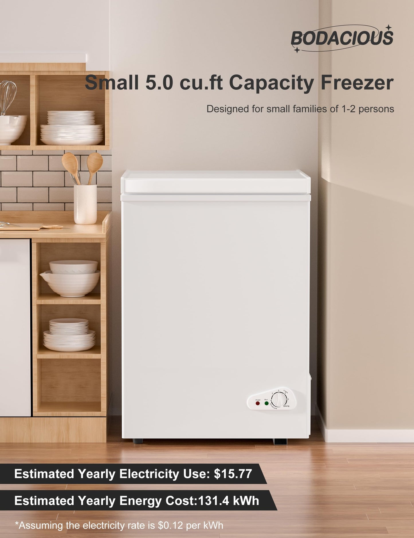 Bodacious Ultra Quiet Deep Freezer - 5.0 Cu Ft Compact Chest Freezer with Fast Freeze Performance, Low Power Consumption, Ideal for Home, Restaurant, and Small Shops - CookCave