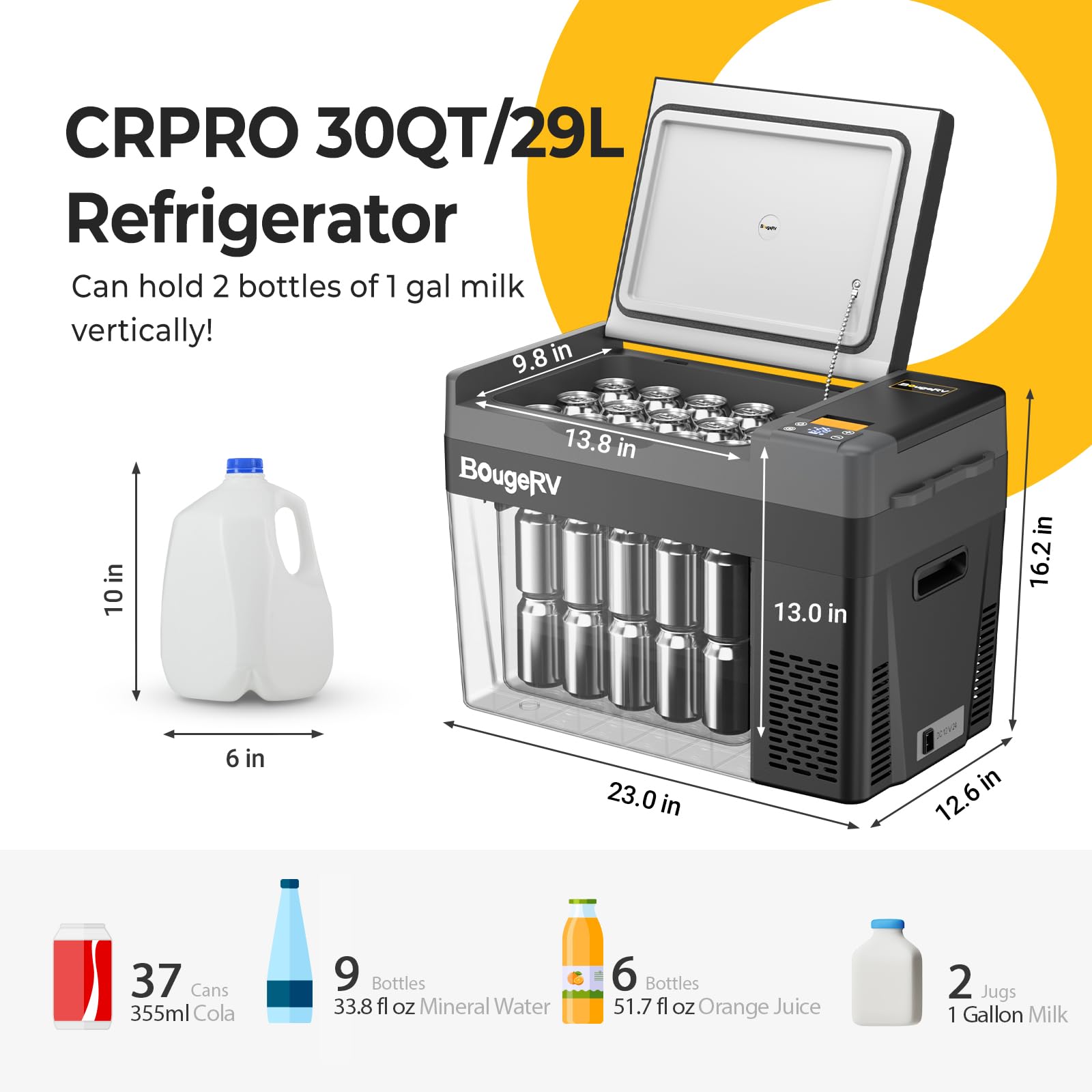 BougeRV 12 Volt Refrigerator, CRPRO 30 Quart 12V Car Fridge, Portable Freezer (-8℉~50℉), Compressor Electric Cooler with 12V/24 DC, 110-240 AC for Outdoor Camping Overlanding Truck RV SUV Van - CookCave