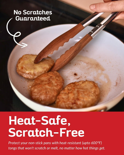 Boxiki Kitchen Tongs for Cooking with Wooden Tips - Nonstick Cooking Tongs & Salad Tongs for Serving Food, Grilling, Cooking, BBQ and Tossing Salad - Made of Natural Walnut Wood, Size 12-inch - CookCave