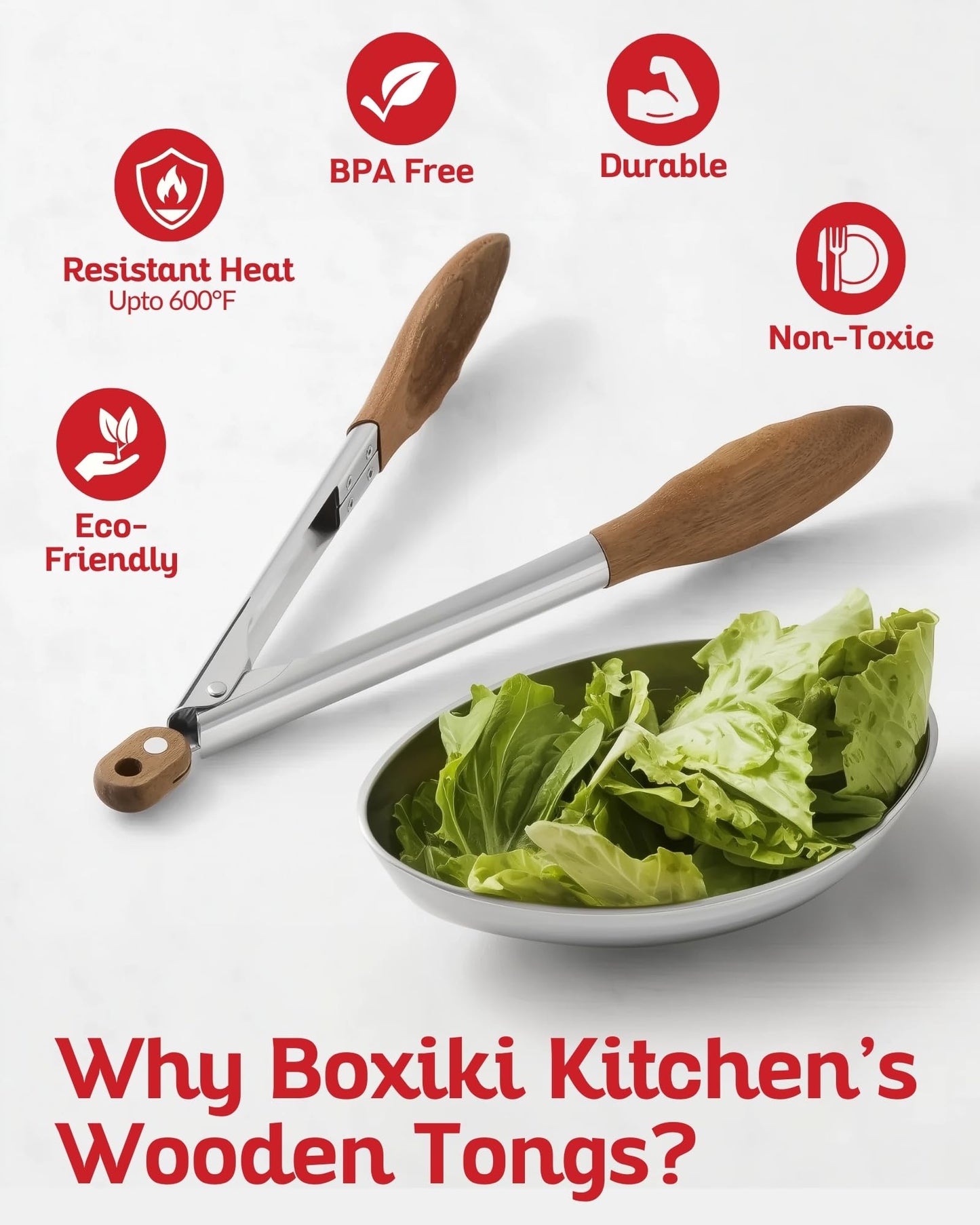 Boxiki Kitchen Tongs for Cooking with Wooden Tips - Nonstick Cooking Tongs & Salad Tongs for Serving Food, Grilling, Cooking, BBQ and Tossing Salad - Made of Natural Walnut Wood, Size 12-inch - CookCave
