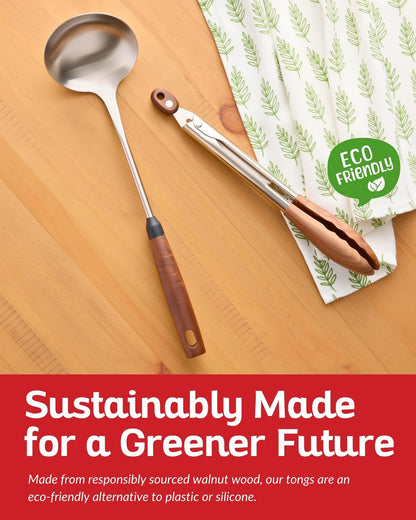 Boxiki Kitchen Tongs for Cooking with Wooden Tips - Nonstick Cooking Tongs & Salad Tongs for Serving Food, Grilling, Cooking, BBQ and Tossing Salad - Made of Natural Walnut Wood, Size 12-inch - CookCave