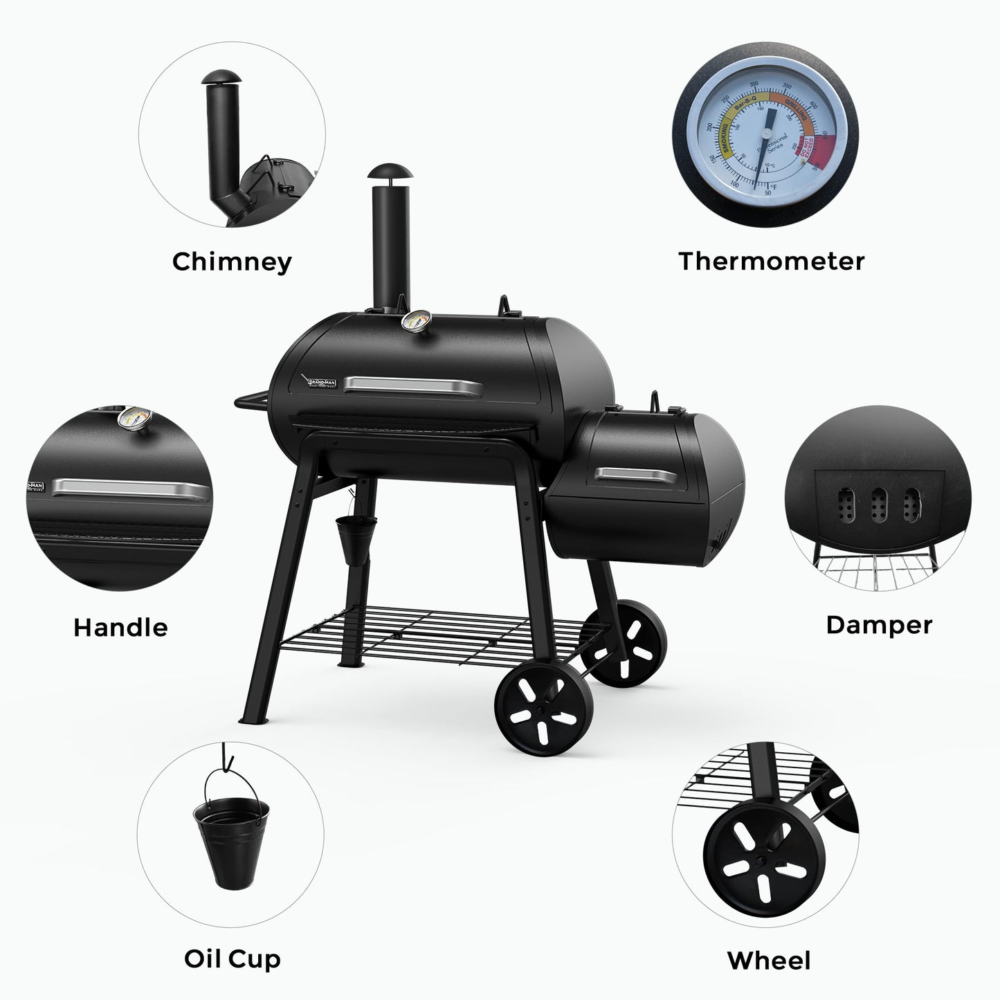 Brand-Man Charcoal Offset Smoker Grill, Heavy-Duty 18'' Barrel BBQ Grill Smoker Combo with Side Fire Box for Outdoor Patio and Backyard Cooking - CookCave
