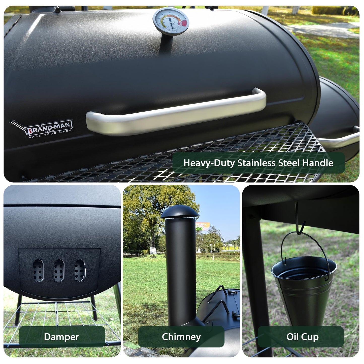 Brand-Man Charcoal Offset Smoker Grill, Heavy-Duty 18'' Barrel BBQ Grill Smoker Combo with Side Fire Box for Outdoor Patio and Backyard Cooking - CookCave