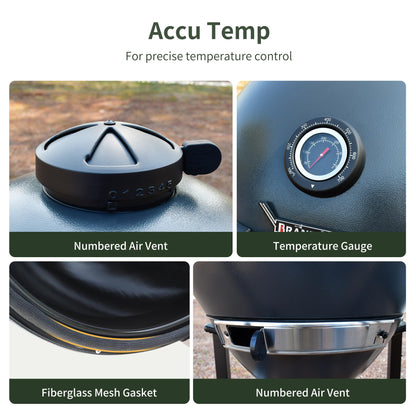 Brand-Man RODEO Steel Kamado Charcoal Grill & Smoker - 22" Cast Iron Grates, Grilling Basket, Large Prep Table Cart, Ideal for Outdoor Cooking - CookCave