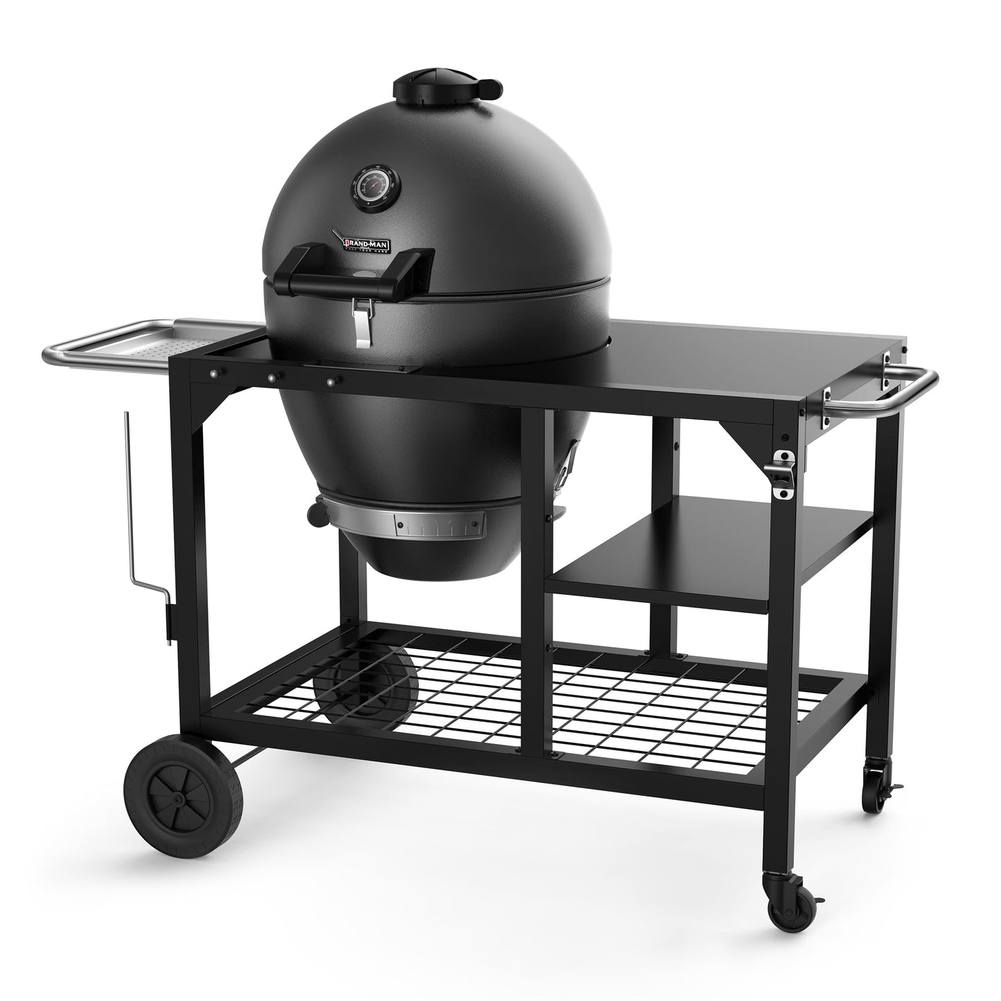 Brand-Man RODEO Steel Kamado Charcoal Grill & Smoker - 22" Cast Iron Grates, Grilling Basket, Large Prep Table Cart, Ideal for Outdoor Cooking - CookCave
