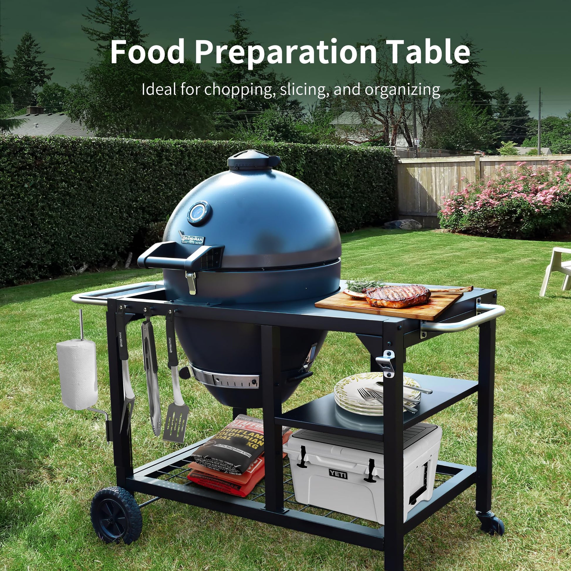 Brand-Man RODEO Steel Kamado Charcoal Grill & Smoker - 22" Cast Iron Grates, Grilling Basket, Large Prep Table Cart, Ideal for Outdoor Cooking - CookCave