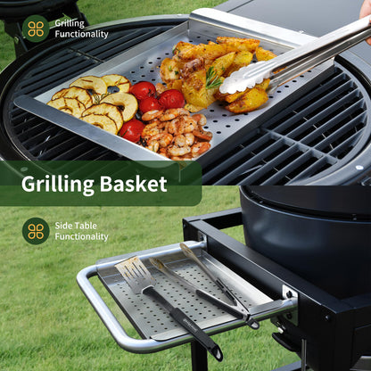 Brand-Man RODEO Steel Kamado Charcoal Grill & Smoker - 22" Cast Iron Grates, Grilling Basket, Large Prep Table Cart, Ideal for Outdoor Cooking - CookCave