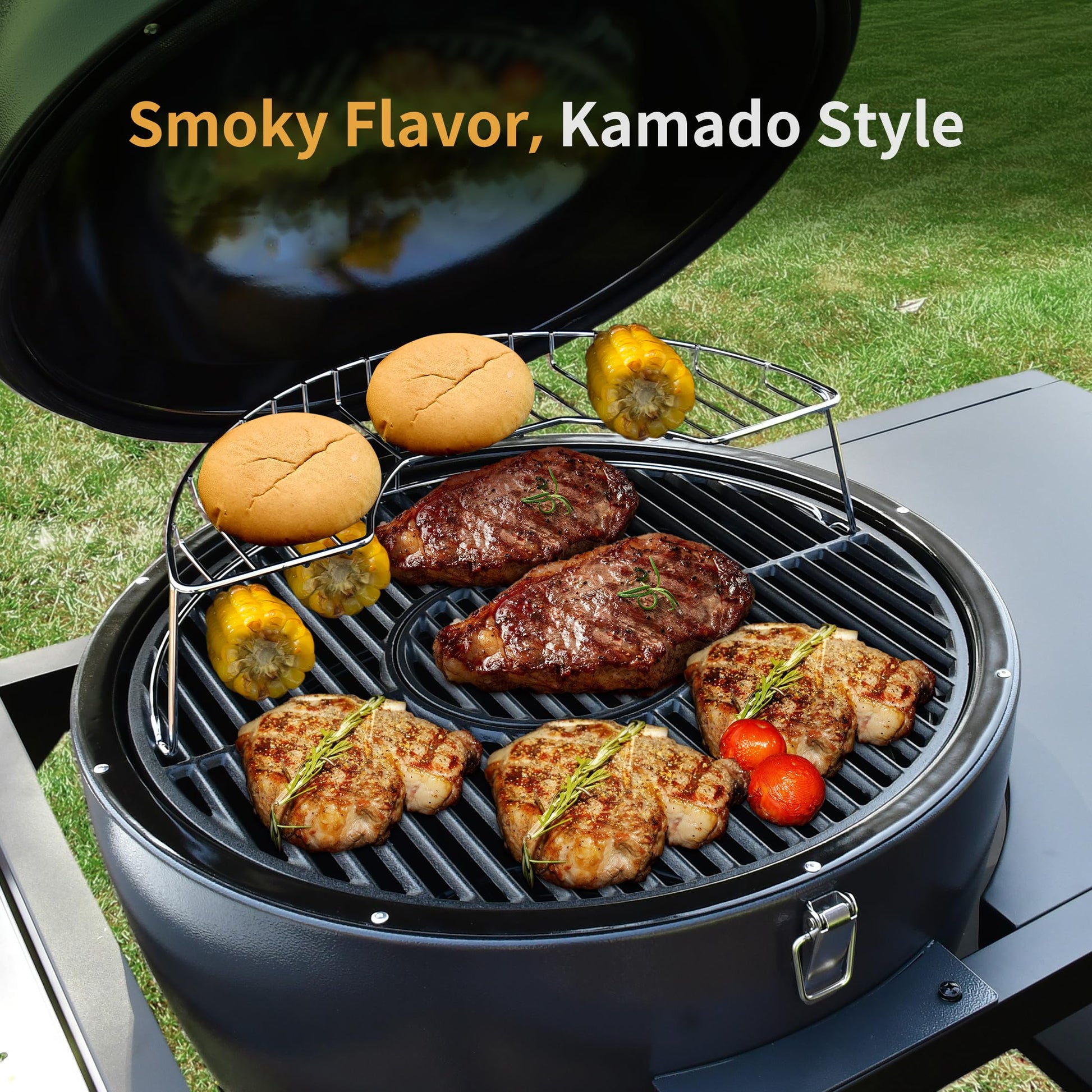 Brand-Man RODEO Steel Kamado Charcoal Grill & Smoker - 22" Cast Iron Grates, Grilling Basket, Large Prep Table Cart, Ideal for Outdoor Cooking - CookCave