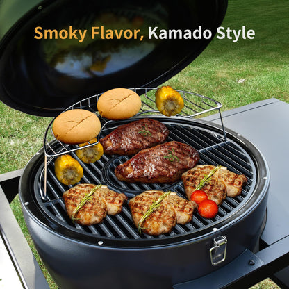 Brand-Man RODEO Steel Kamado Charcoal Grill & Smoker - 22" Cast Iron Grates, Grilling Basket, Large Prep Table Cart, Ideal for Outdoor Cooking - CookCave