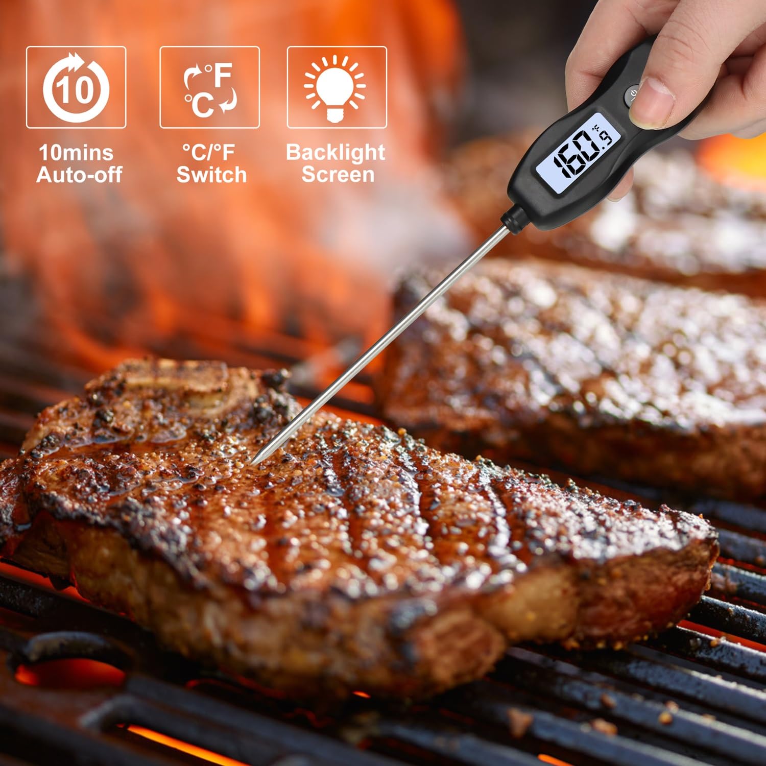 BRAPILOT Digital Meat Thermometer Backlight,Waterproof Instant Read Food Thermometer for Cooking Grilling BBQ Baking Liquids Beef Turkey (Black) - CookCave