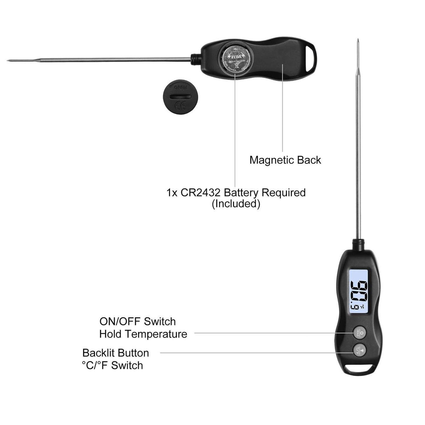 BRAPILOT Digital Meat Thermometer Backlight,Waterproof Instant Read Food Thermometer for Cooking Grilling BBQ Baking Liquids Beef Turkey (Black) - CookCave