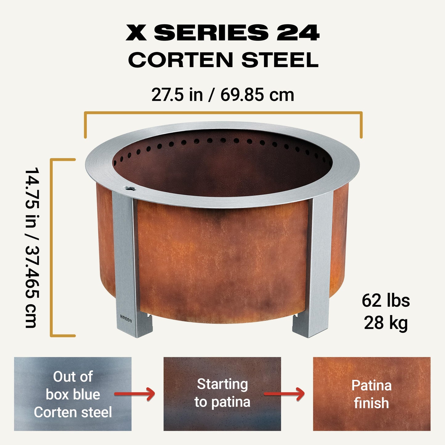 Breeo Smokeless FIrePit (X Series 24, Corten Steel) - 27.5" Smokeless Fire Pit for Outside - 62 lbs - Ideal for Families - Compatible with Wide Range of Breeo Accessories - Gifts for Dad - CookCave