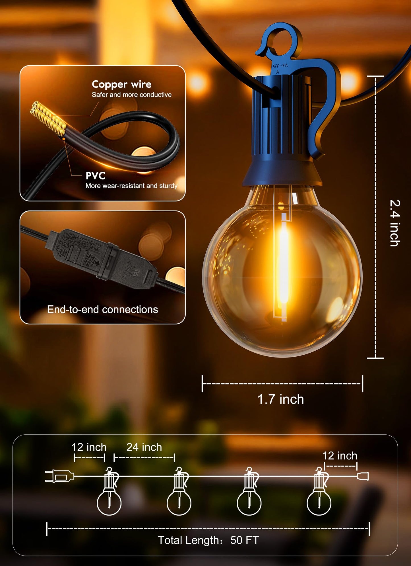 Brightown Outdoor String Lights - Connectable Dimmable LED Patio String Lights with G40 Globe Plastic Bulbs, All Weatherproof Hanging Lights for Outside Backyard Porch (50 ft - 25 LED Bulbs) - CookCave