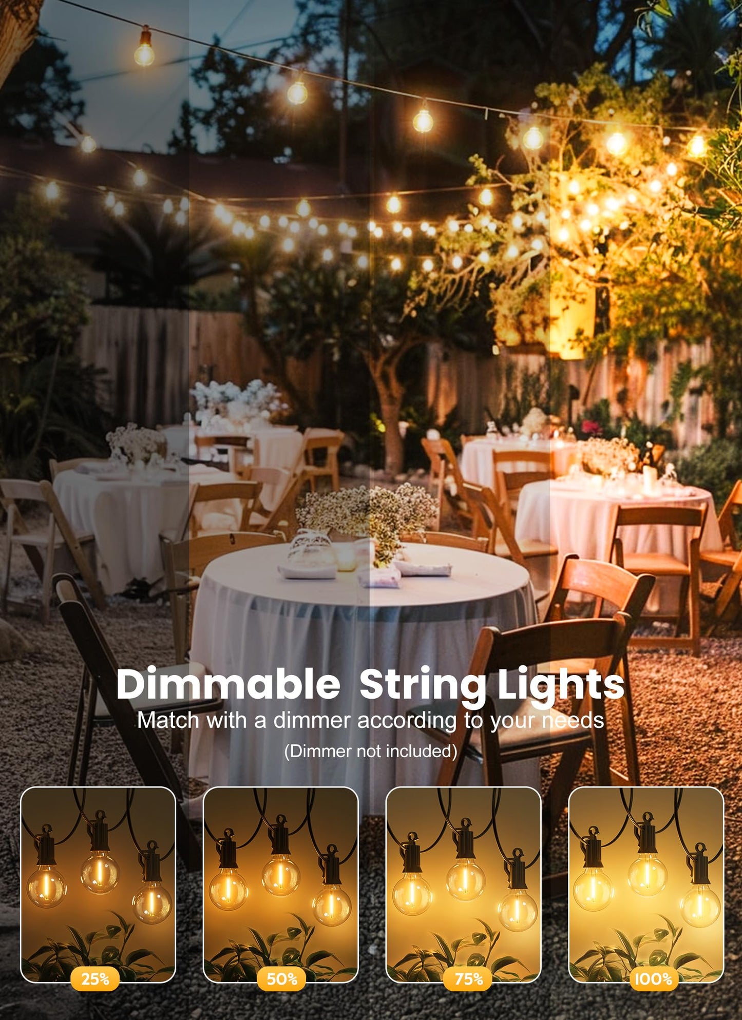Brightown Outdoor String Lights - Connectable Dimmable LED Patio String Lights with G40 Globe Plastic Bulbs, All Weatherproof Hanging Lights for Outside Backyard Porch (50 ft - 25 LED Bulbs) - CookCave