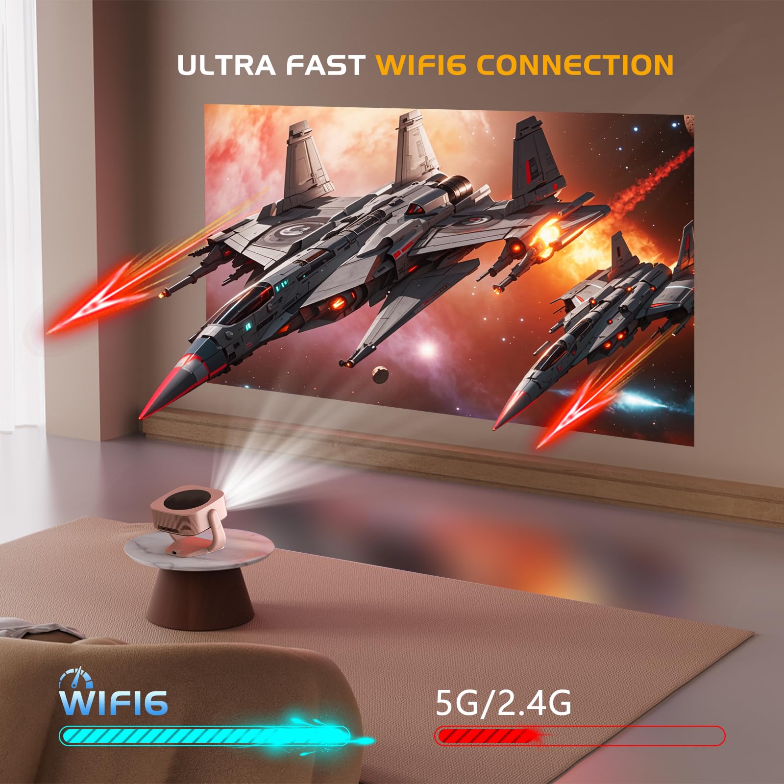 【Built-in Apps】Android Smart Projector with Electric Focus & Auto Keystone, Native 1080P Movie Projector with WiFi and Bluetooth, 270° Rotatable Portable Outdoor Projector for Phone/Laptop/HDMI/USB - CookCave