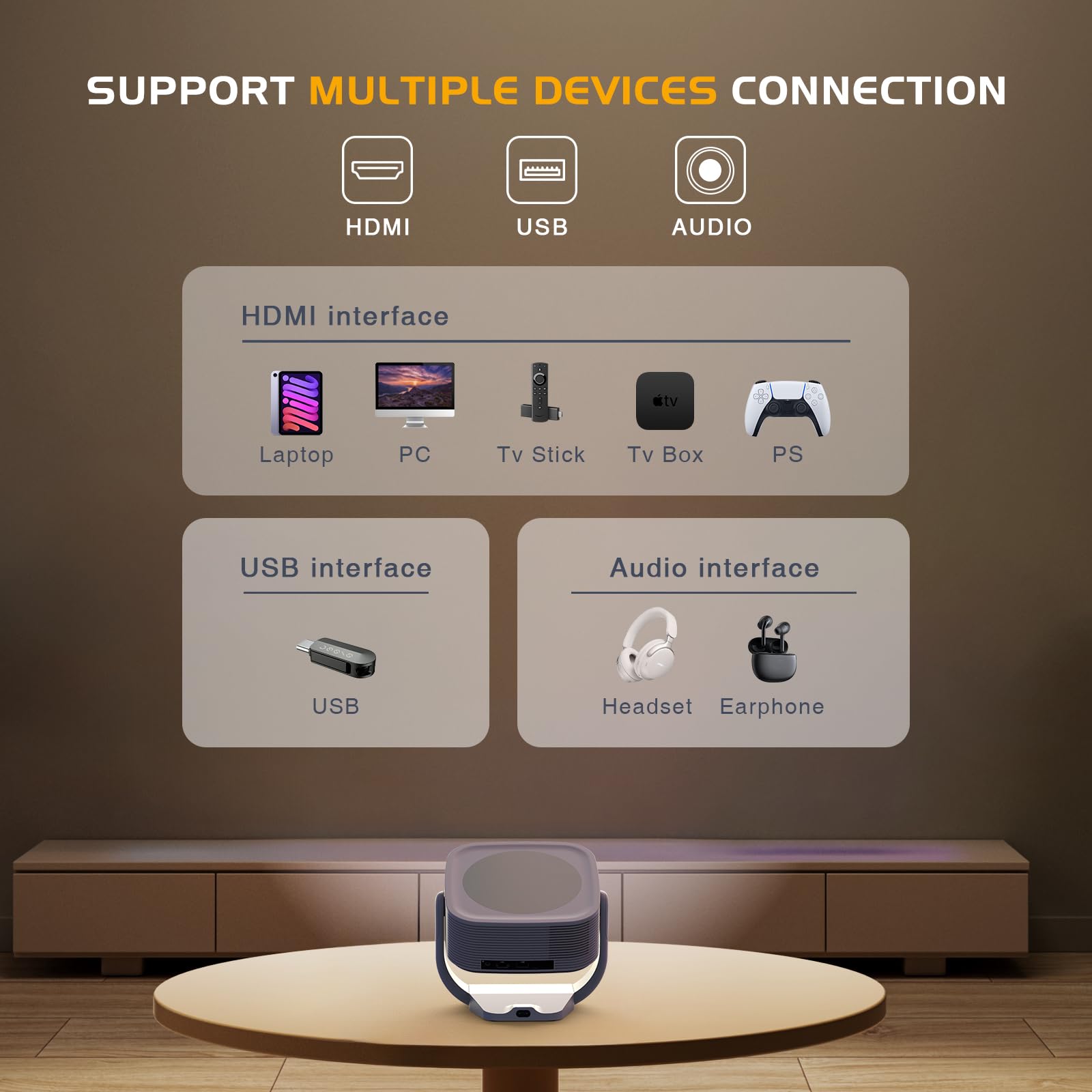 【Built-in Apps】Android Smart Projector with Electric Focus & Auto Keystone, Native 1080P Movie Projector with WiFi and Bluetooth, 270° Rotatable Portable Outdoor Projector for Phone/Laptop/HDMI/USB - CookCave