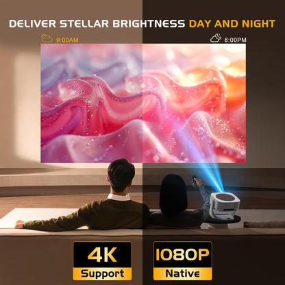 【Built-in Apps】Android Smart Projector with Electric Focus & Auto Keystone, Native 1080P Movie Projector with WiFi and Bluetooth, 270° Rotatable Portable Outdoor Projector for Phone/Laptop/HDMI/USB - CookCave