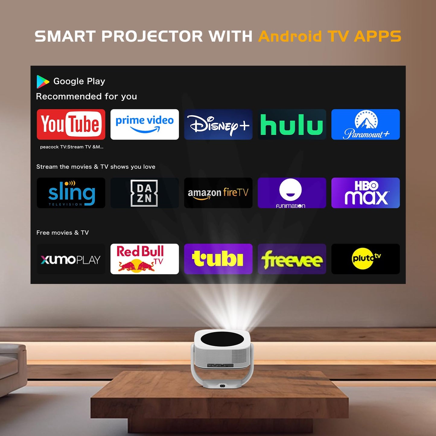 【Built-in Apps】Android Smart Projector with Electric Focus & Auto Keystone, Native 1080P Movie Projector with WiFi and Bluetooth, 270° Rotatable Portable Outdoor Projector for Phone/Laptop/HDMI/USB - CookCave