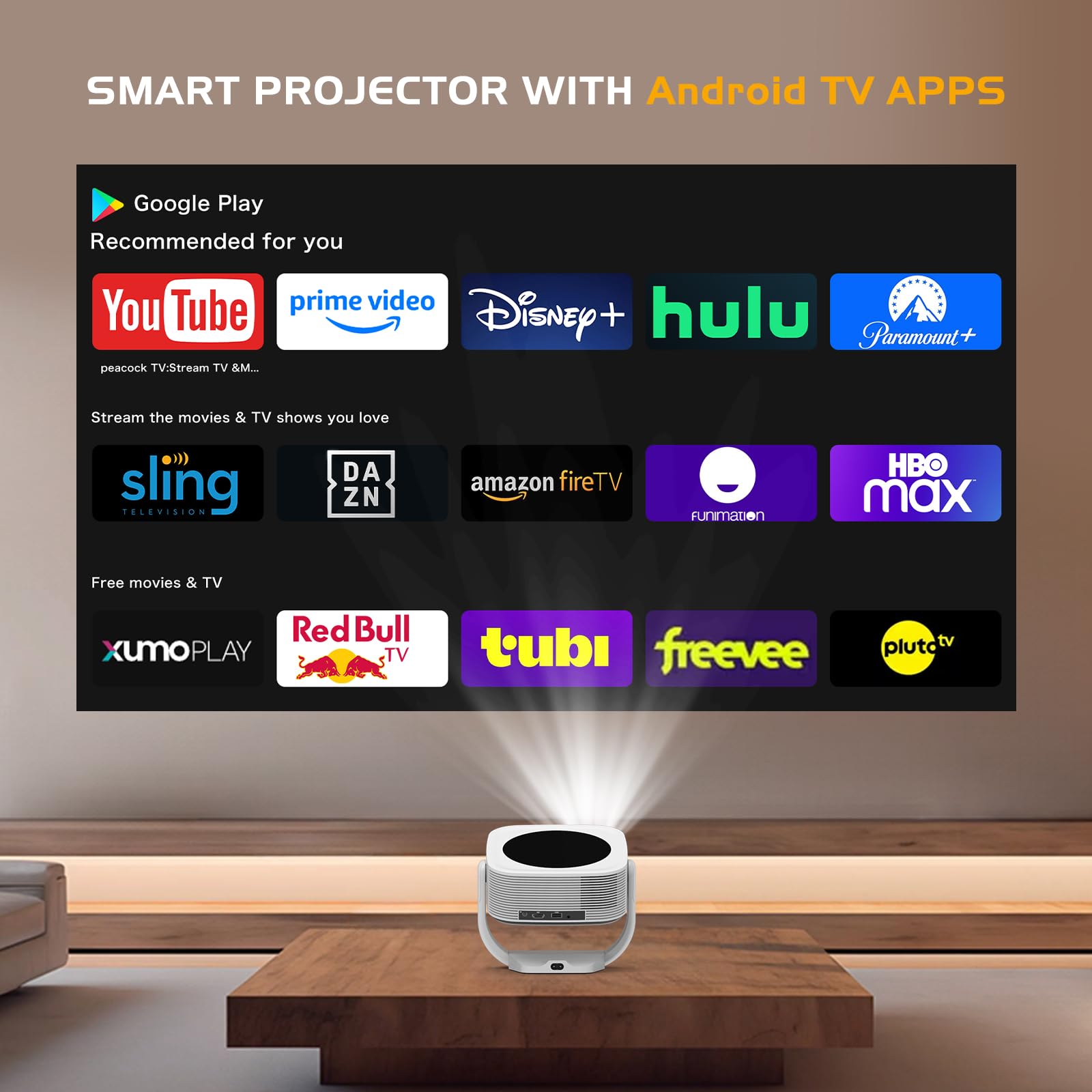 【Built-in Apps】Android Smart Projector with Electric Focus & Auto Keystone, Native 1080P Movie Projector with WiFi and Bluetooth, 270° Rotatable Portable Outdoor Projector for Phone/Laptop/HDMI/USB - CookCave