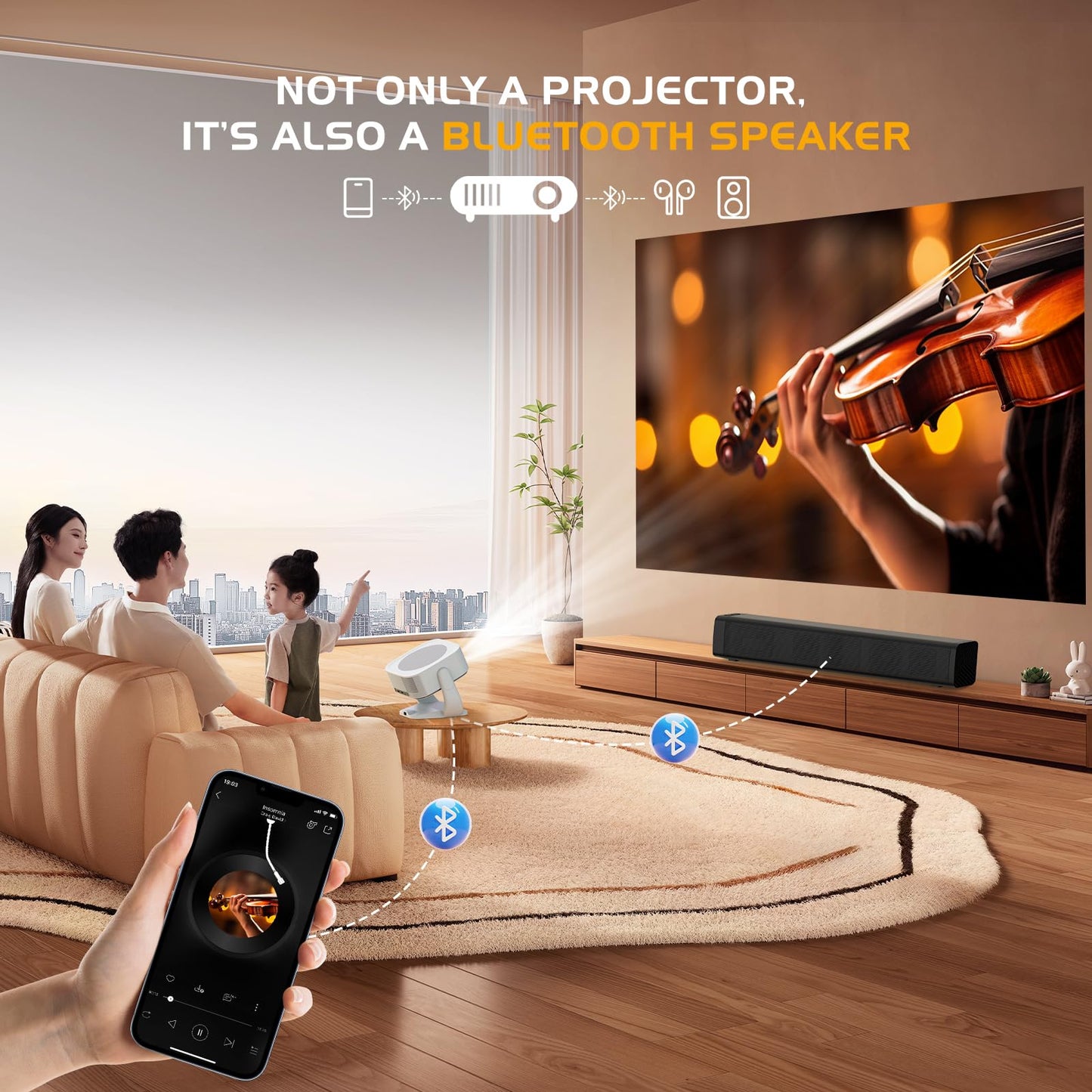 【Built-in Apps】Android Smart Projector with Electric Focus & Auto Keystone, Native 1080P Movie Projector with WiFi and Bluetooth, 270° Rotatable Portable Outdoor Projector for Phone/Laptop/HDMI/USB - CookCave