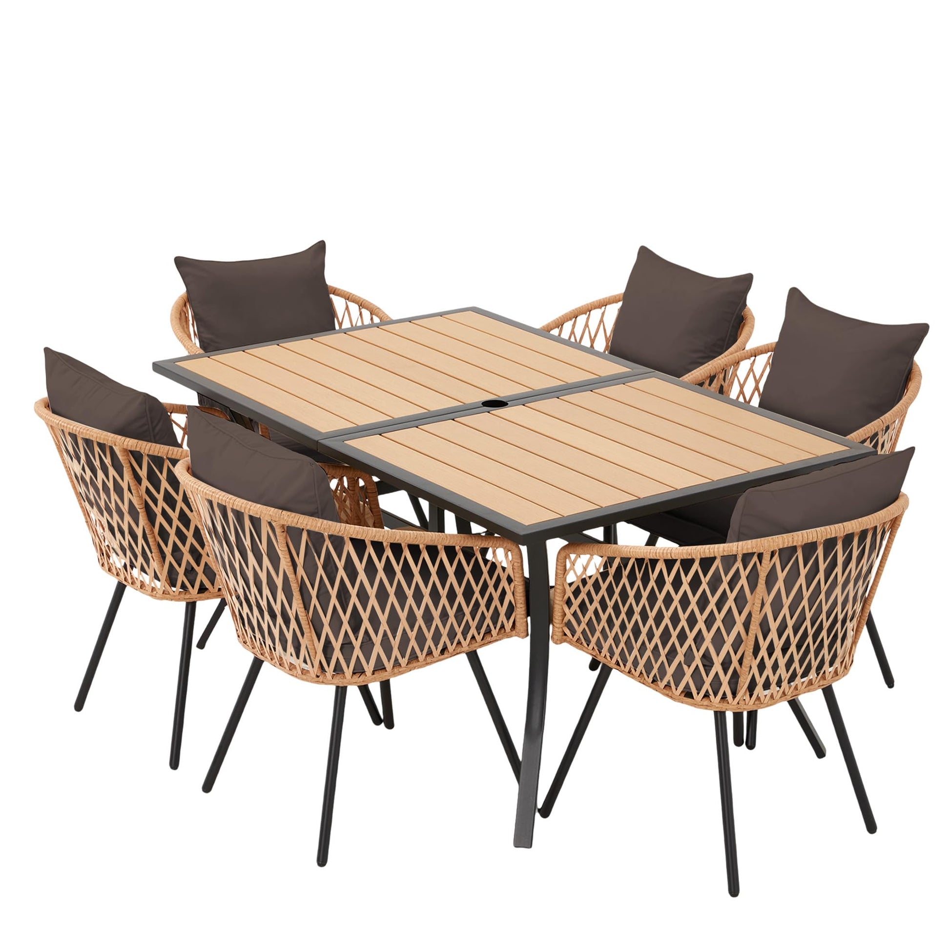 BUPPLEE 7-Piece Outdoor Patio Dining Set for 6,Wicker Rattan Outdoor Furniture Set with Umbrella Hole,6 Wicker Chairs with Cushion and Pillow,6-Person Patio Dining for Backyard Poolside Garden-Brown - CookCave
