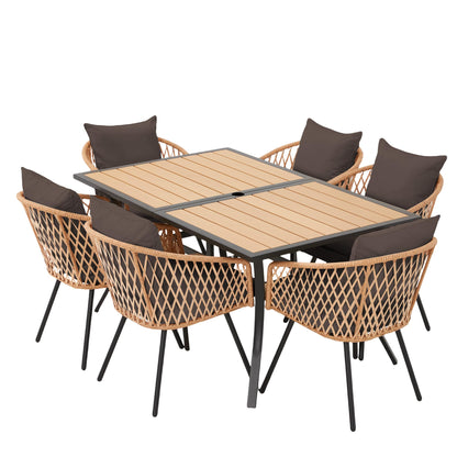 BUPPLEE 7-Piece Outdoor Patio Dining Set for 6,Wicker Rattan Outdoor Furniture Set with Umbrella Hole,6 Wicker Chairs with Cushion and Pillow,6-Person Patio Dining for Backyard Poolside Garden-Brown - CookCave