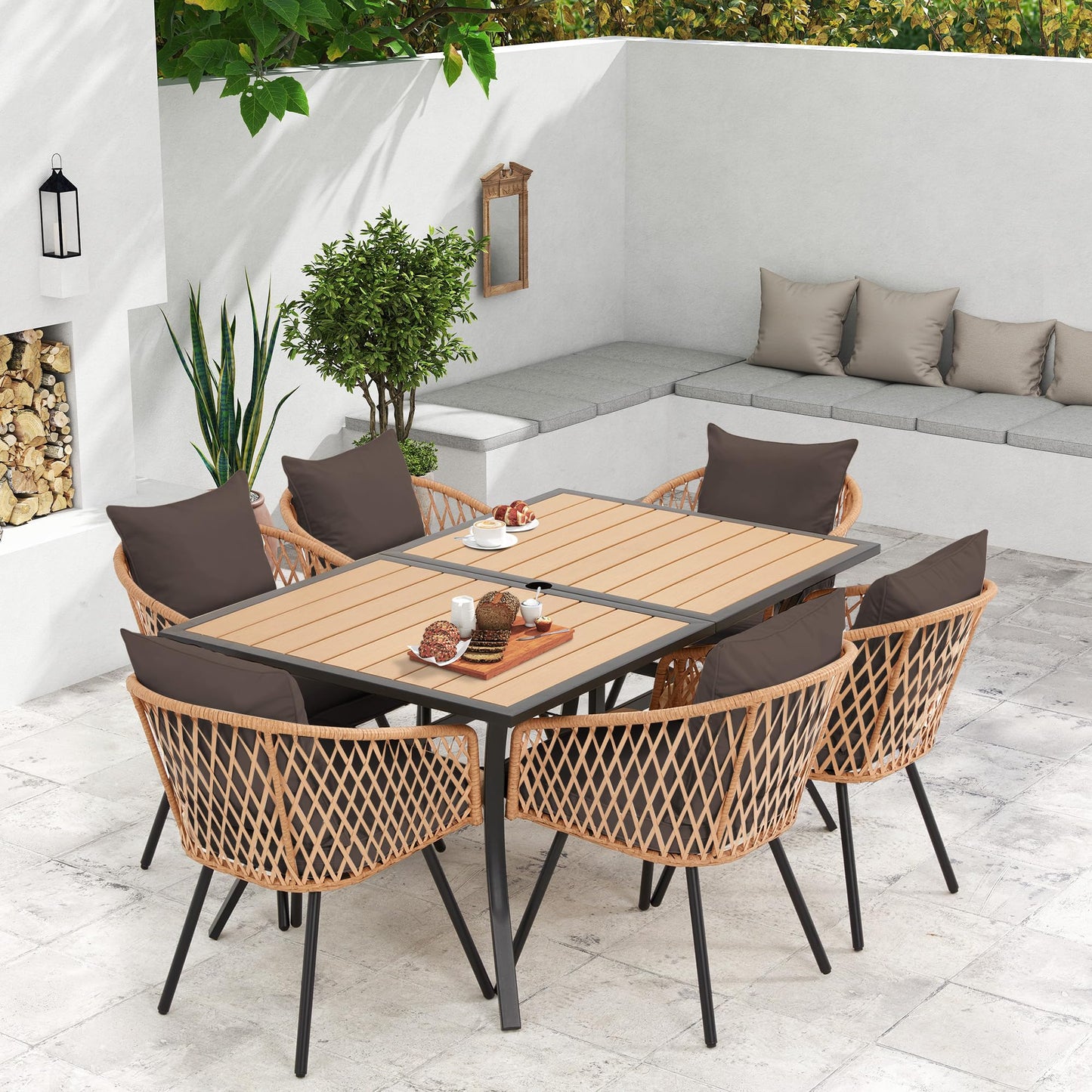 BUPPLEE 7-Piece Outdoor Patio Dining Set for 6,Wicker Rattan Outdoor Furniture Set with Umbrella Hole,6 Wicker Chairs with Cushion and Pillow,6-Person Patio Dining for Backyard Poolside Garden-Brown - CookCave