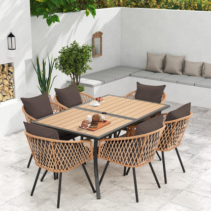 BUPPLEE 7-Piece Outdoor Patio Dining Set for 6,Wicker Rattan Outdoor Furniture Set with Umbrella Hole,6 Wicker Chairs with Cushion and Pillow,6-Person Patio Dining for Backyard Poolside Garden-Brown - CookCave