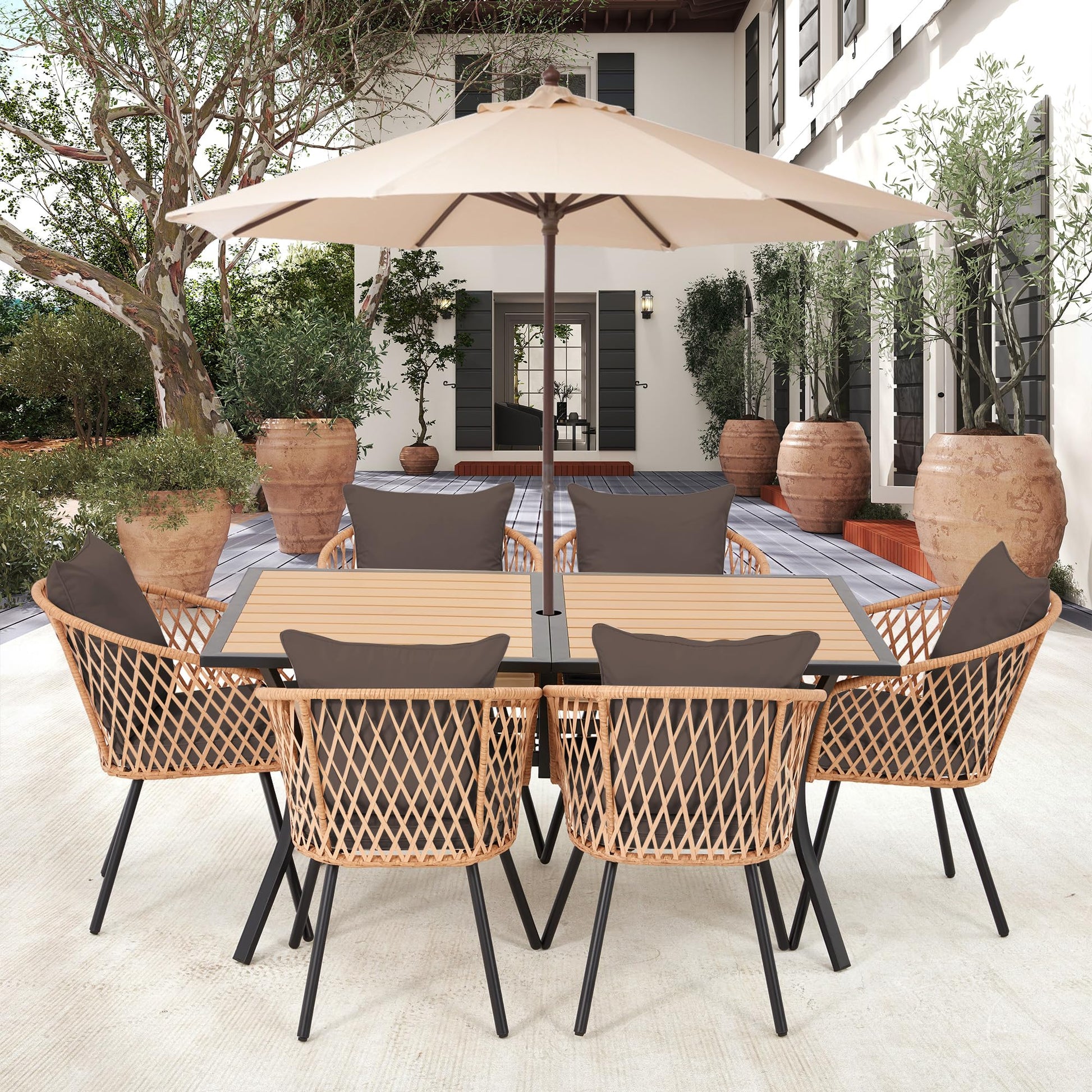 BUPPLEE 7-Piece Outdoor Patio Dining Set for 6,Wicker Rattan Outdoor Furniture Set with Umbrella Hole,6 Wicker Chairs with Cushion and Pillow,6-Person Patio Dining for Backyard Poolside Garden-Brown - CookCave