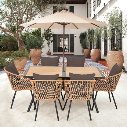 BUPPLEE 7-Piece Outdoor Patio Dining Set for 6,Wicker Rattan Outdoor Furniture Set with Umbrella Hole,6 Wicker Chairs with Cushion and Pillow,6-Person Patio Dining for Backyard Poolside Garden-Brown - CookCave