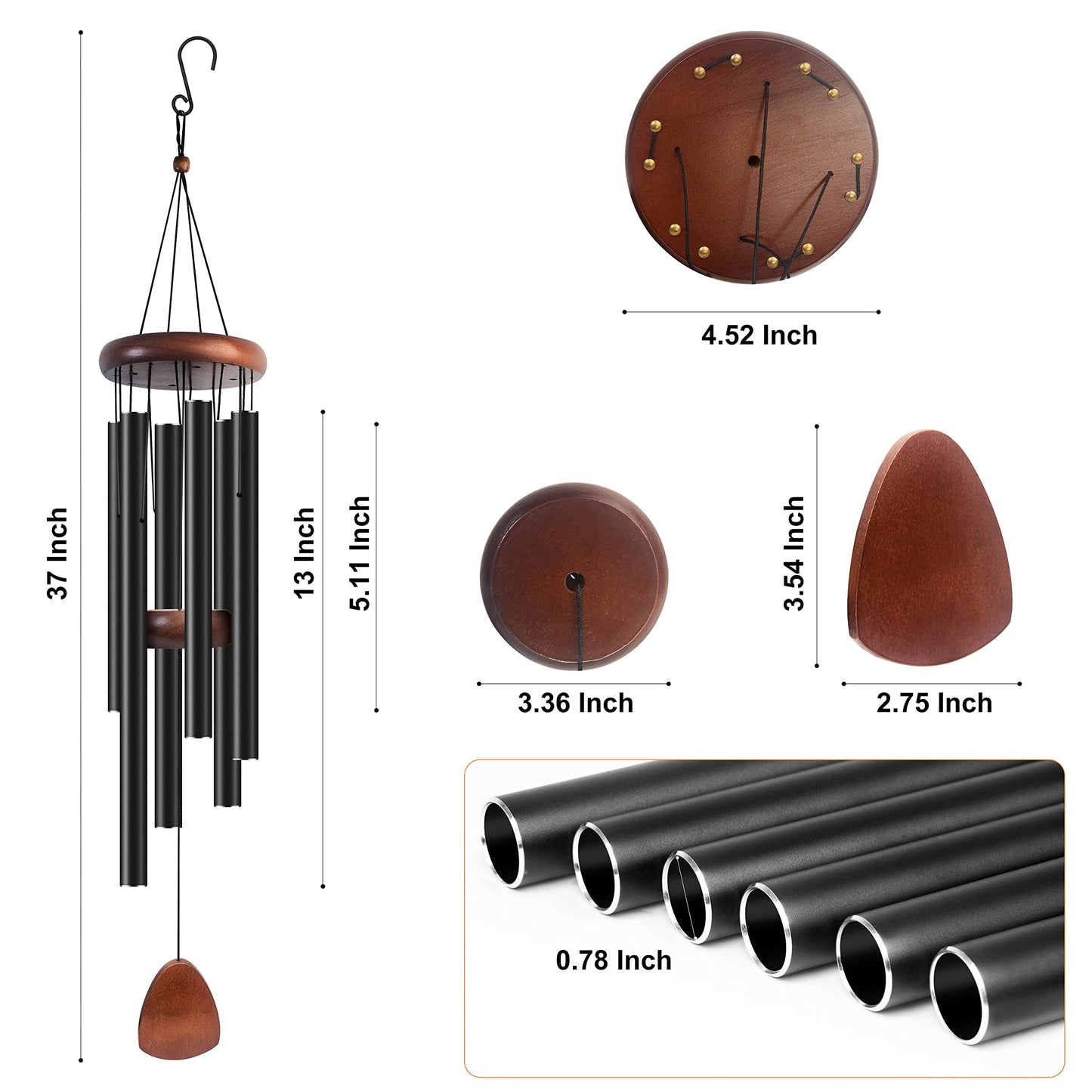 Bursvik Large Aluminium Wind Chimes 37" Inches to Create a Zen Atmosphere Suitable for Outdoor, Garden, Patio Decoration. Classic Black Wind Chimes with Wind Catcher Suitable as A Gift for Unisex - CookCave