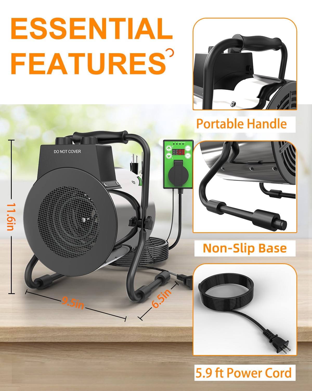 Buyplus Greenhouse Heater with Digital Thermostat, 1500W Outdoor Heaters for Patio, Electric Space Heater for Patio, Garage, Greenhouse, Flower House, Silver - CookCave