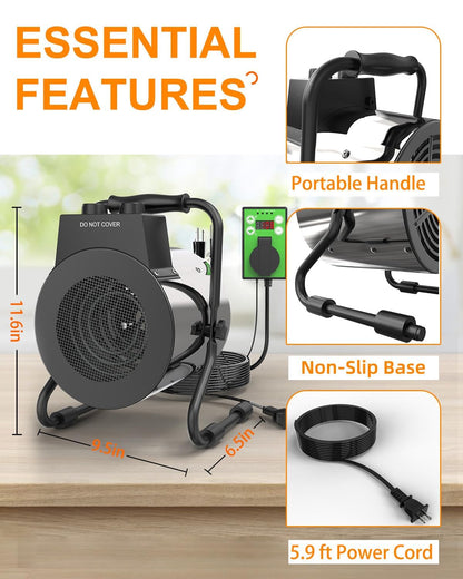 Buyplus Greenhouse Heater with Digital Thermostat, 1500W Outdoor Heaters for Patio, Electric Space Heater for Patio, Garage, Greenhouse, Flower House, Silver - CookCave